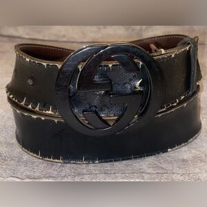 AUTH Gucci GG Monogram Imprime Buckle Canvas Black Leather Belt Italy Vintage